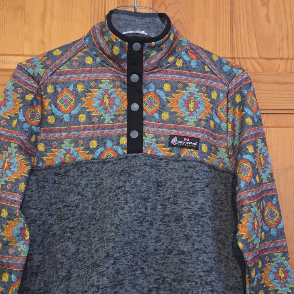 Southwestern Aztec Print Fleece Pullover Snap Neck Women's Small with Pockets